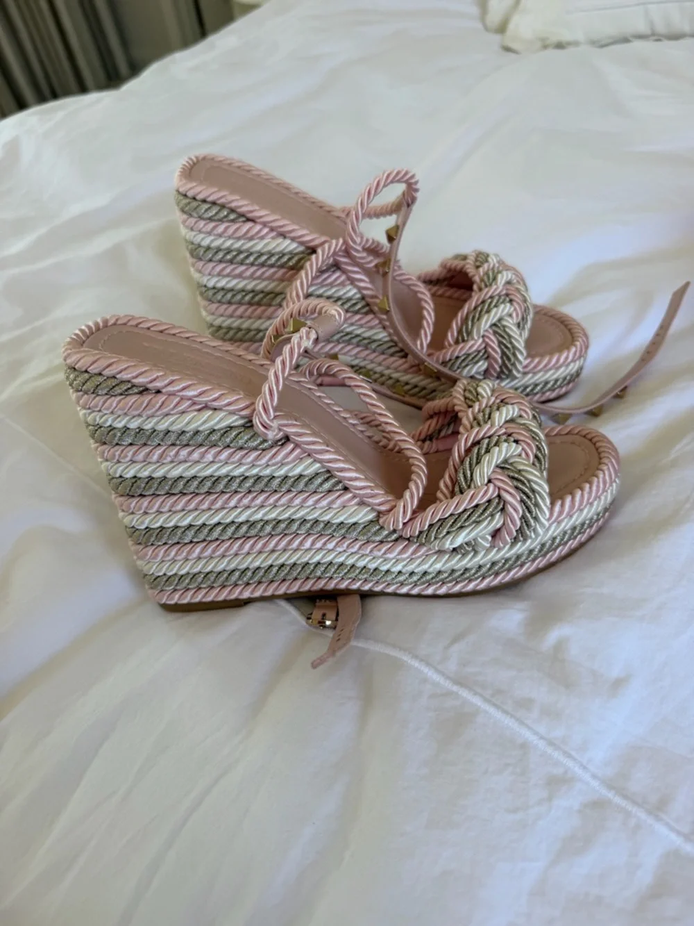 Valentino Pink Braided Rope Wedge Sandals with Gold Studs - Picture 8 of 8